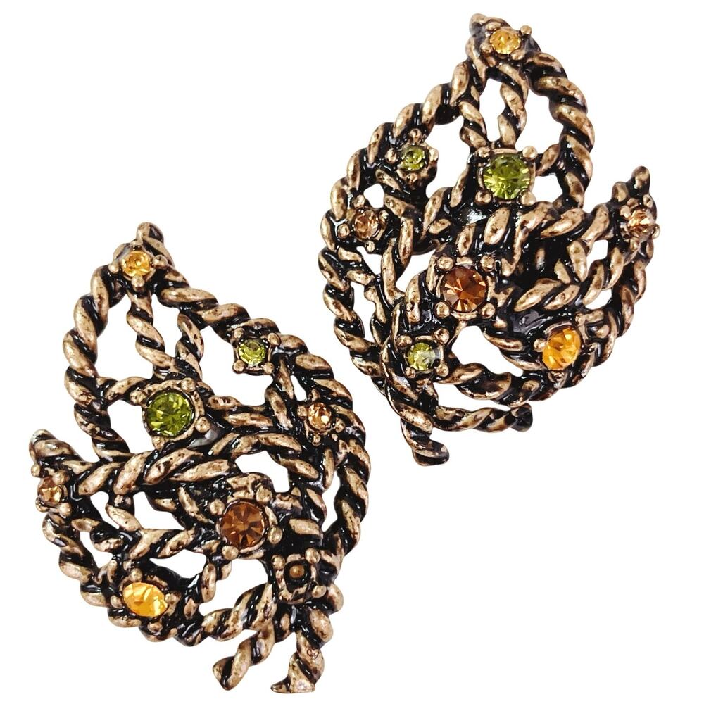 Vintage Signed Avon Gold Tone Leaf Rhinestone Earrings 1970s Autumn Fall Pin